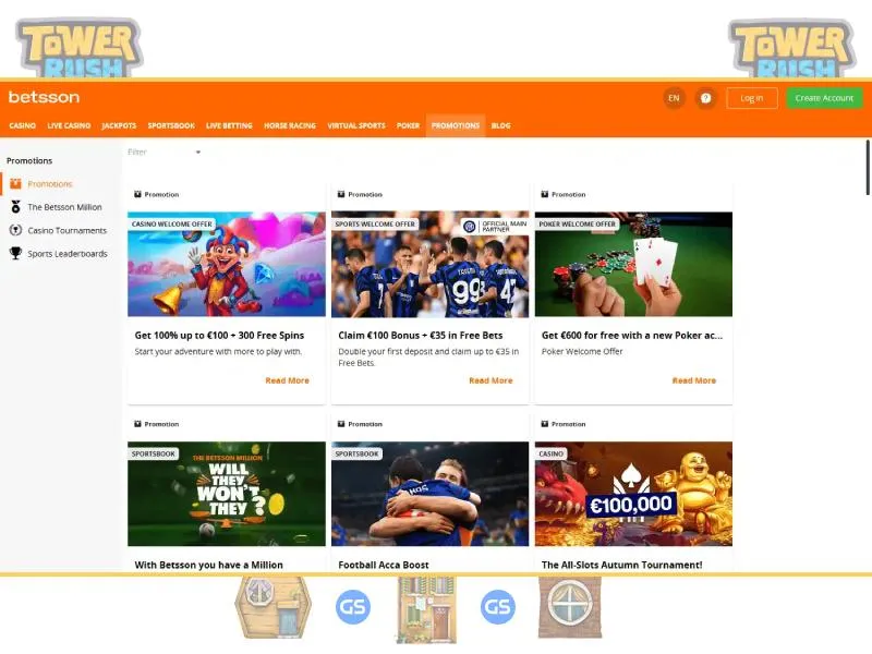 Boni und Aktionen für Tower Rush-Spieler im Betsson Casino