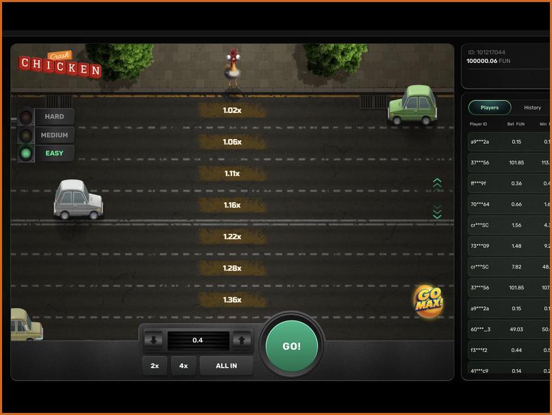 Modos de dificultad Fácil, Medio y Difícil en Chicken Crash