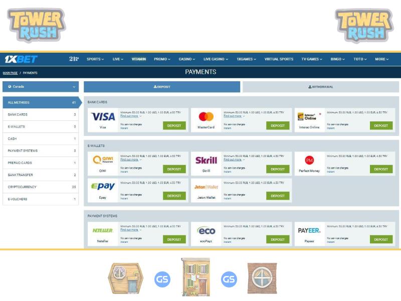Comment faire un dépôt à Tower Rush Galaxsys sur 1xBet