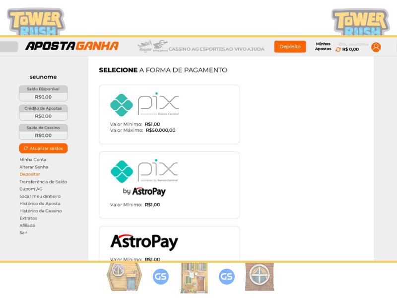 Comment faire un dépôt pour Tower Rush Galaxsys chez ApostaGanha