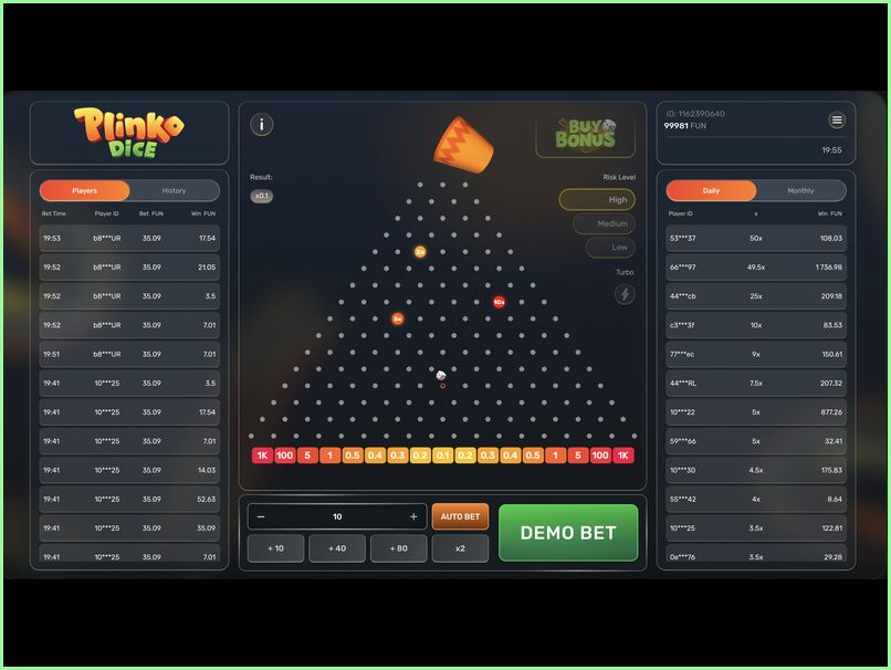 Tasa RTP y rango de devolución en Plinko Dice